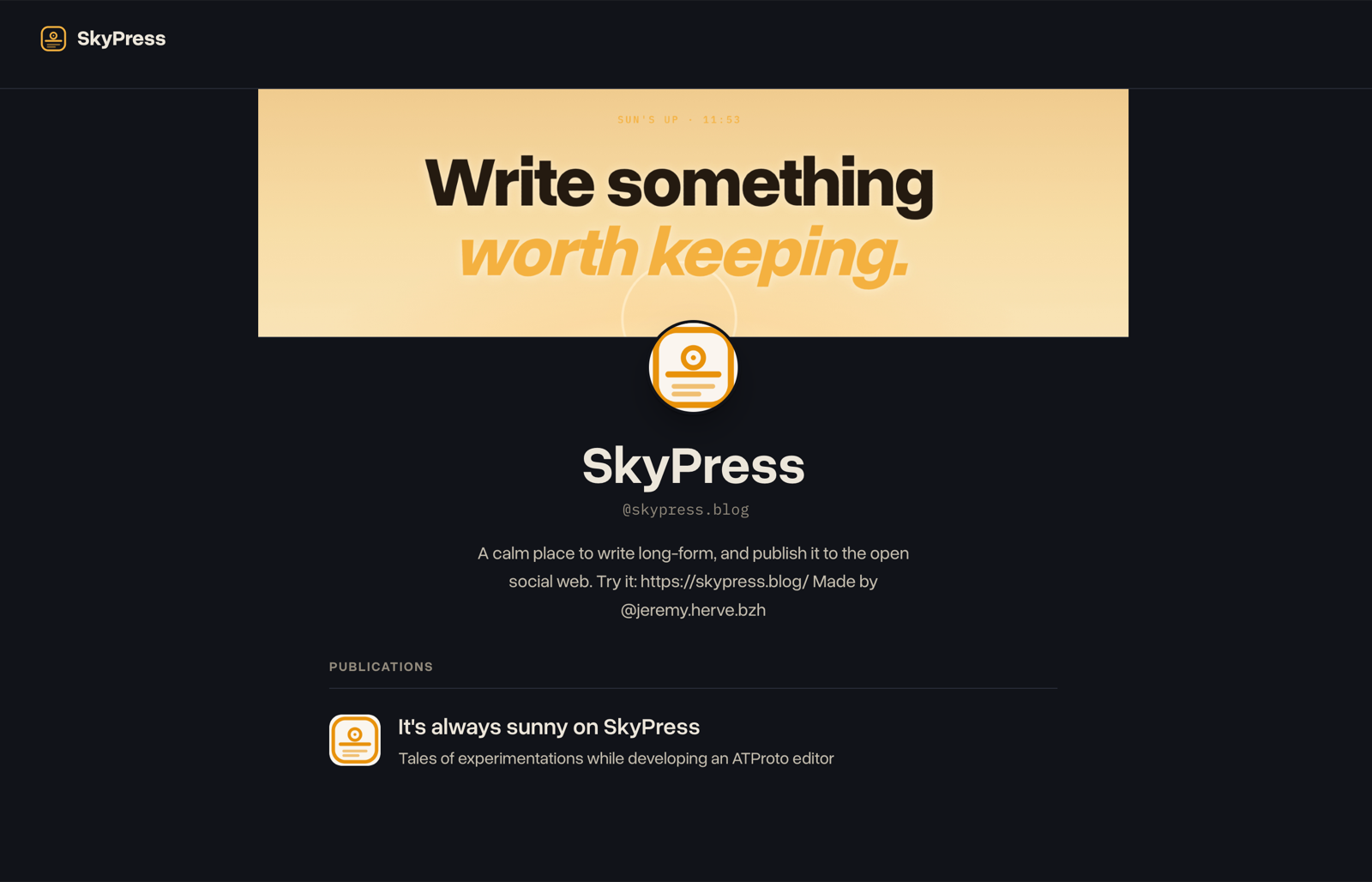 The SkyPress author page for @skypress.blog